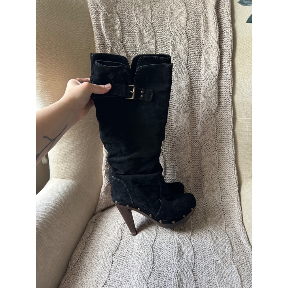 L-VEA Black Leather Slouchy Platform Knee High Boots Wooden Heel Studded 5.5
